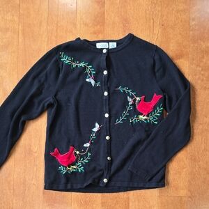 Classic Elements Black Cardigan with Cardinals  and Green Embroidery size small